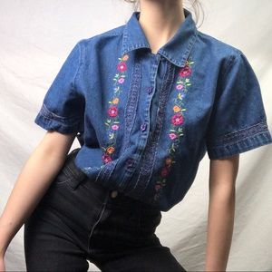 Vintage Flower Embroidered Denim Short Sleeve Top